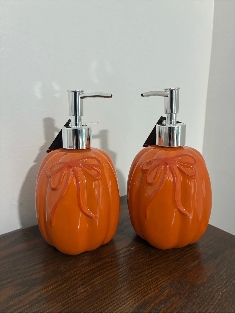 NWT- Set of 2- Orange Ceramic Pumpkin Soap Dispensers w/ Ribbons 18oz